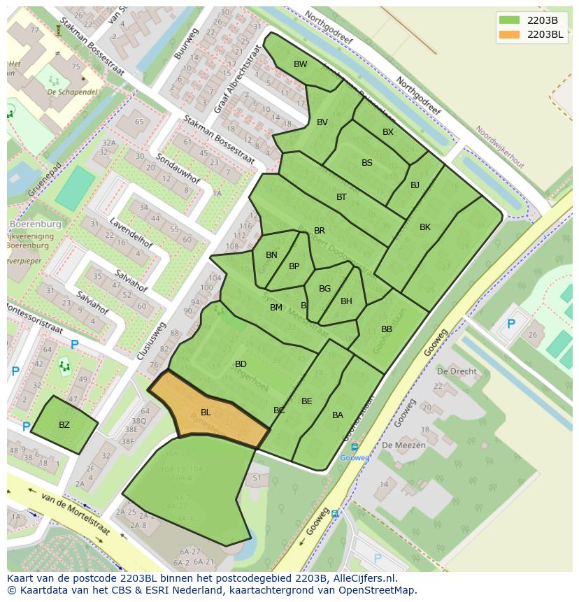 Afbeelding van het postcodegebied 2203 BL op de kaart.