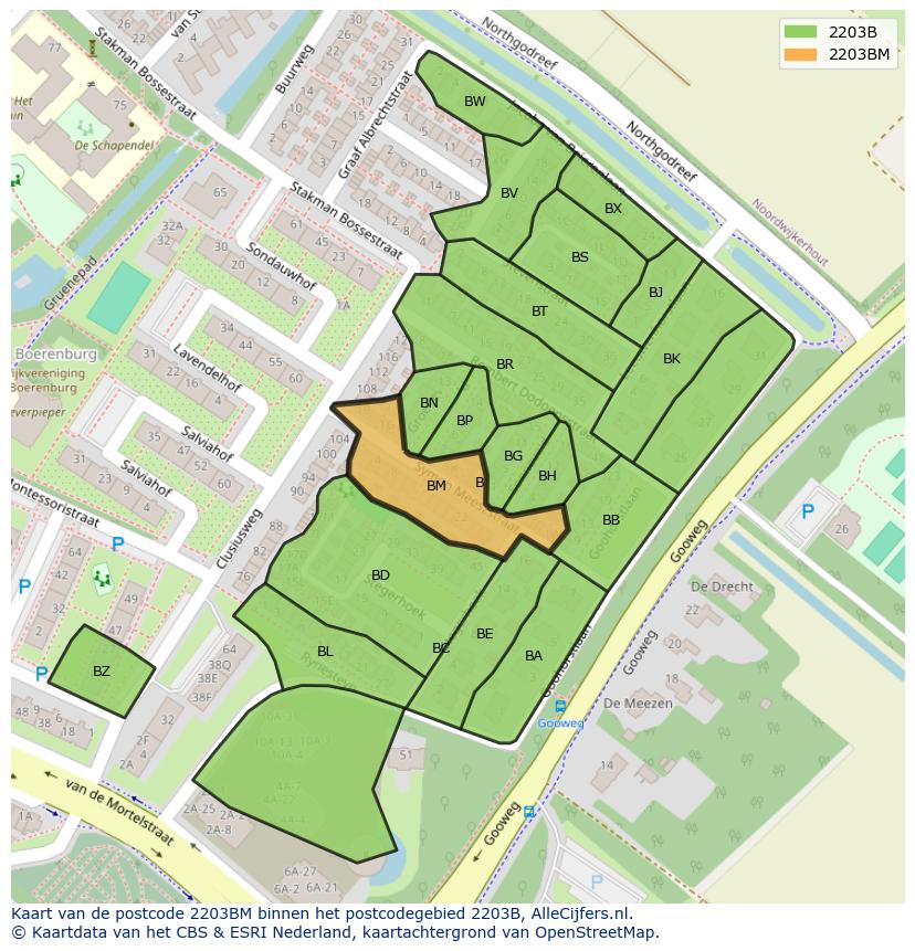 Afbeelding van het postcodegebied 2203 BM op de kaart.