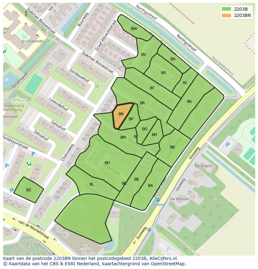 Afbeelding van het postcodegebied 2203 BN op de kaart.