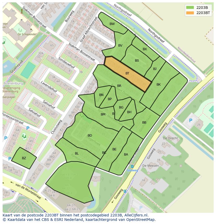 Afbeelding van het postcodegebied 2203 BT op de kaart.