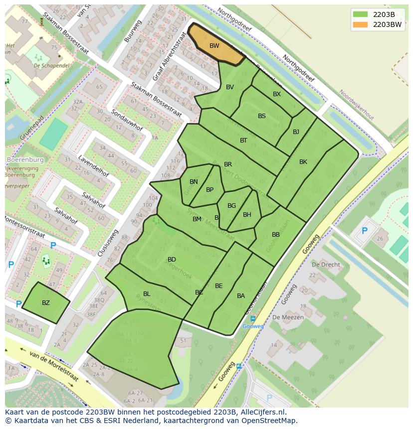 Afbeelding van het postcodegebied 2203 BW op de kaart.
