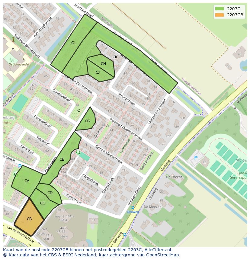 Afbeelding van het postcodegebied 2203 CB op de kaart.