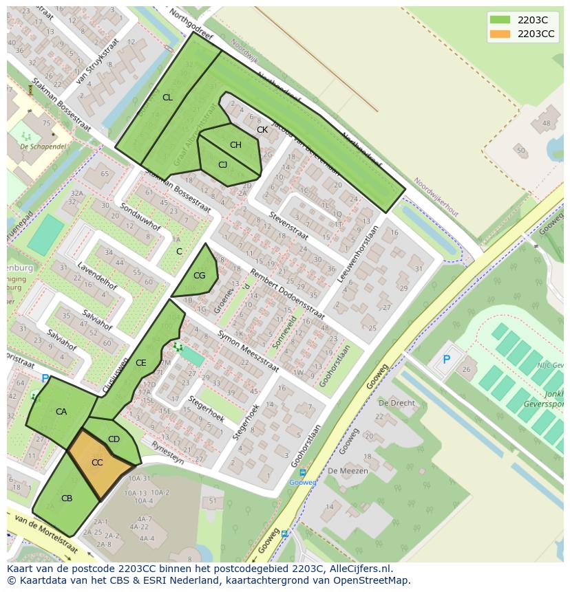 Afbeelding van het postcodegebied 2203 CC op de kaart.