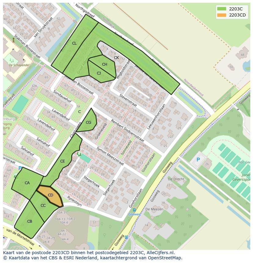 Afbeelding van het postcodegebied 2203 CD op de kaart.