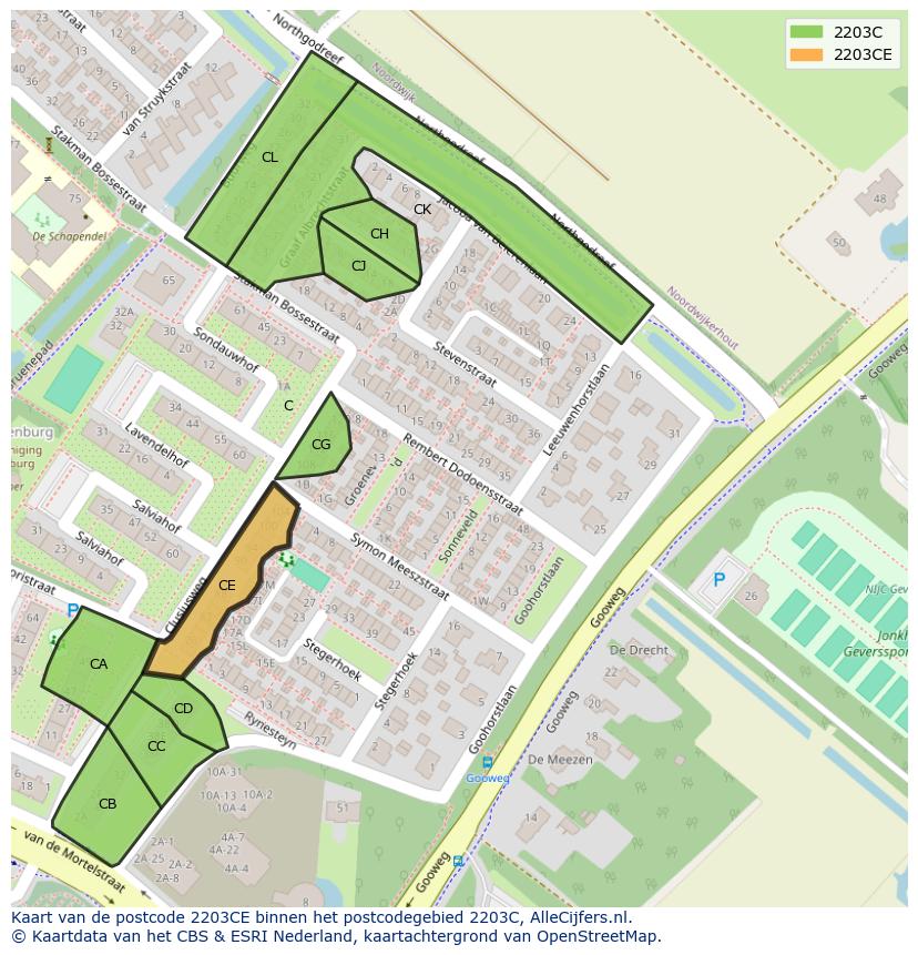 Afbeelding van het postcodegebied 2203 CE op de kaart.