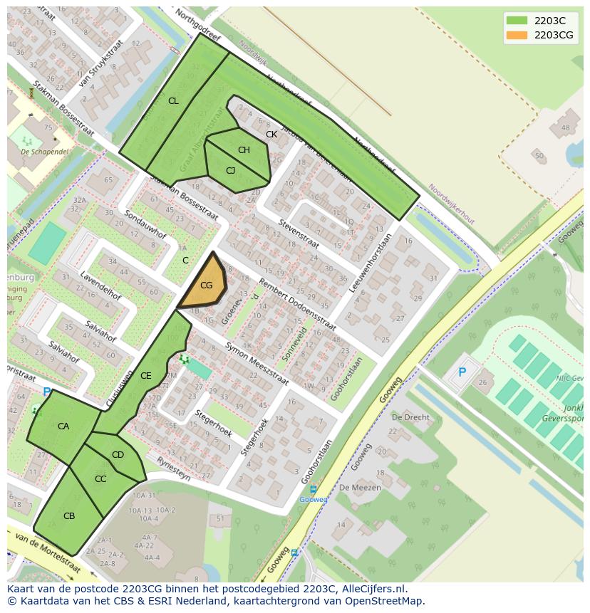 Afbeelding van het postcodegebied 2203 CG op de kaart.