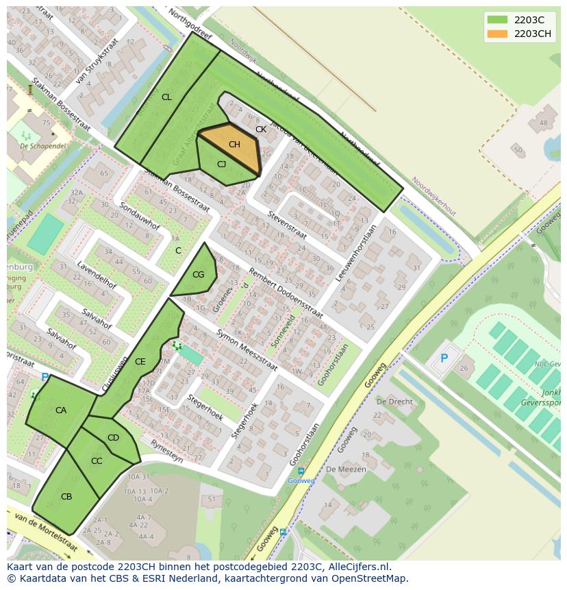 Afbeelding van het postcodegebied 2203 CH op de kaart.