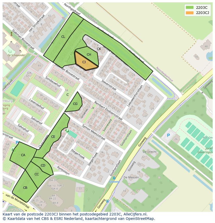 Afbeelding van het postcodegebied 2203 CJ op de kaart.