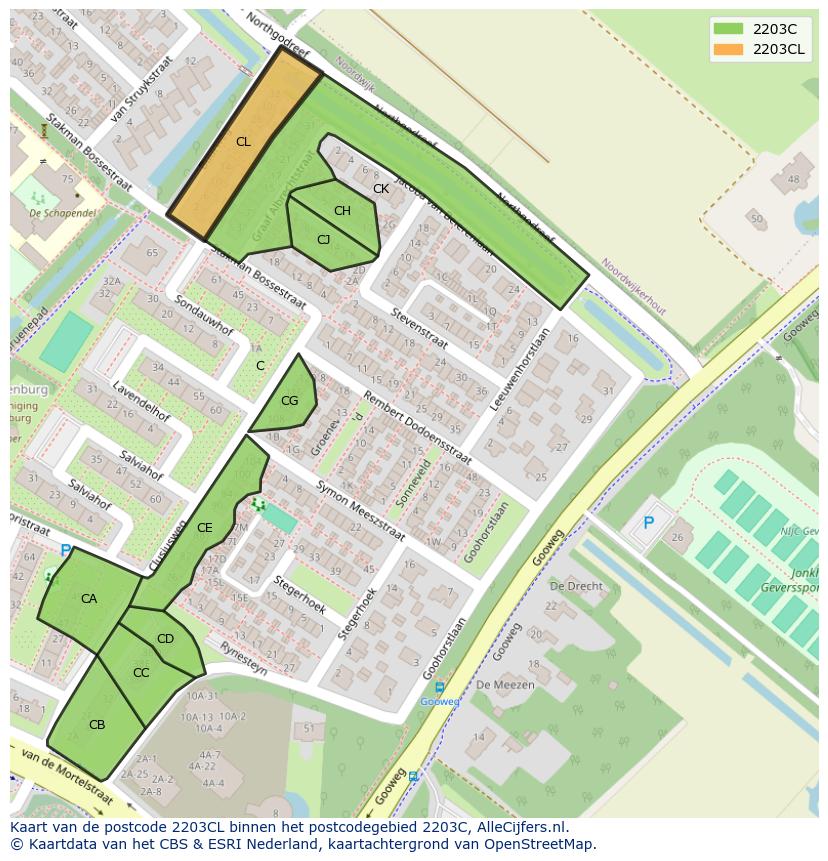 Afbeelding van het postcodegebied 2203 CL op de kaart.