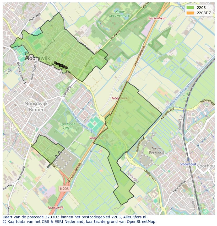 Afbeelding van het postcodegebied 2203 DZ op de kaart.