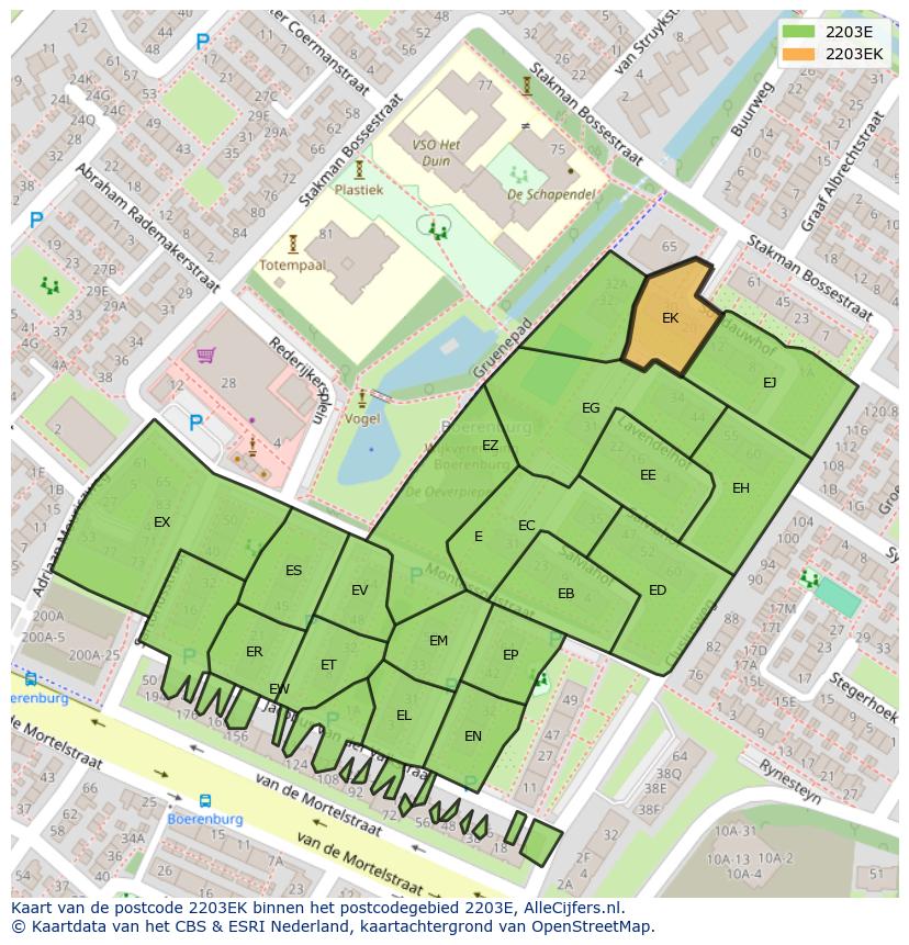 Afbeelding van het postcodegebied 2203 EK op de kaart.