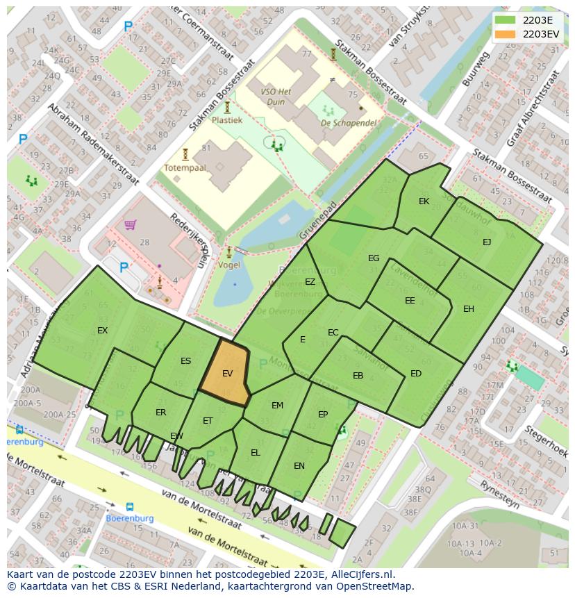 Afbeelding van het postcodegebied 2203 EV op de kaart.