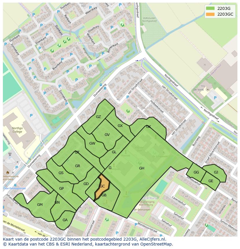 Afbeelding van het postcodegebied 2203 GC op de kaart.