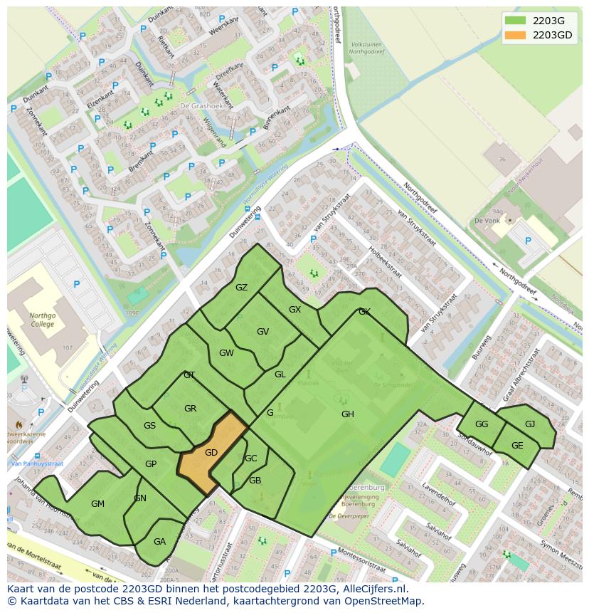 Afbeelding van het postcodegebied 2203 GD op de kaart.