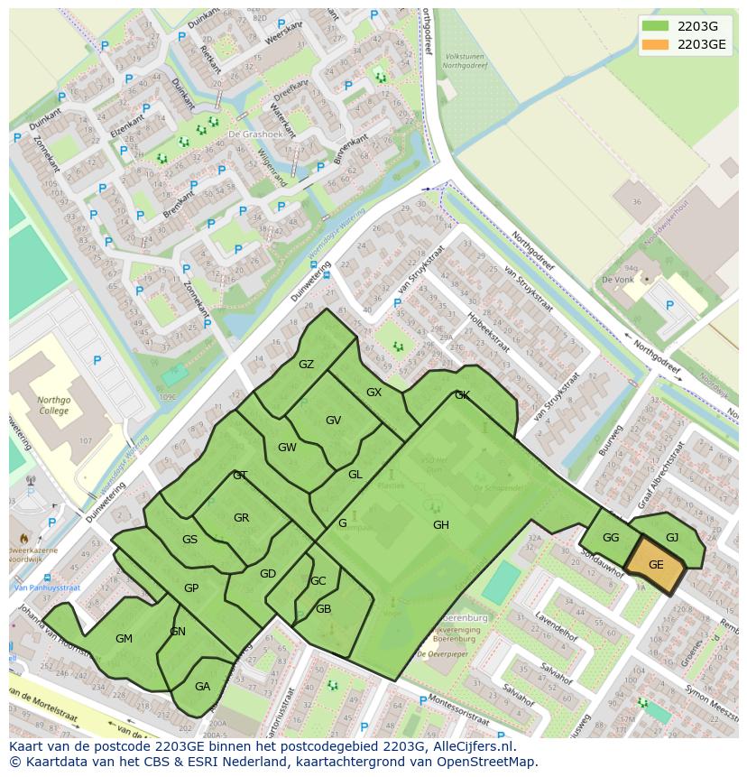 Afbeelding van het postcodegebied 2203 GE op de kaart.