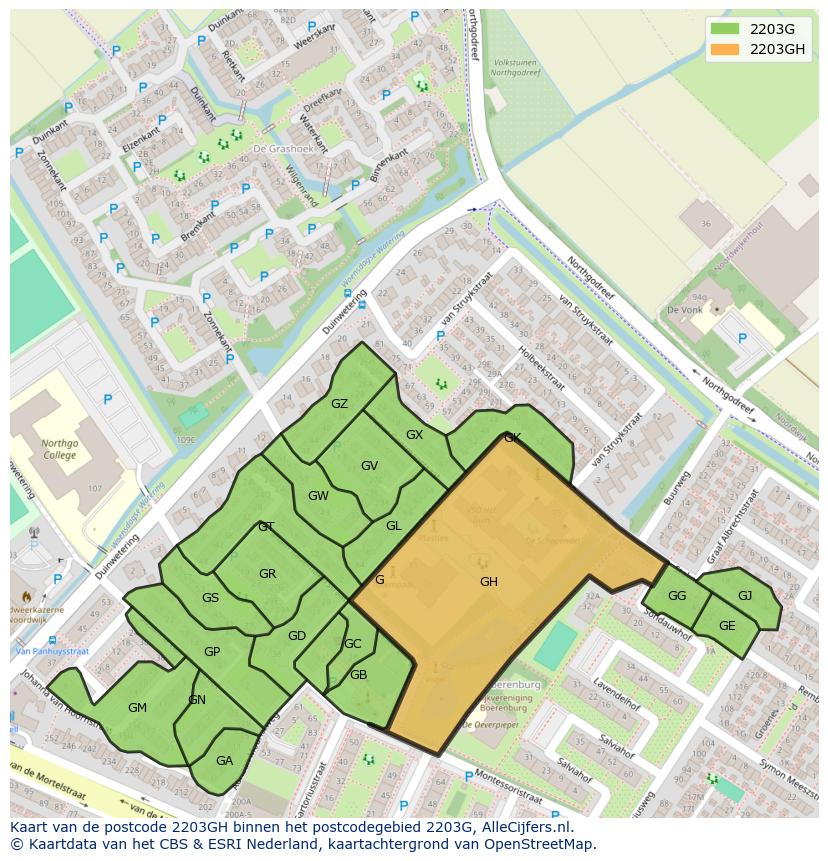 Afbeelding van het postcodegebied 2203 GH op de kaart.