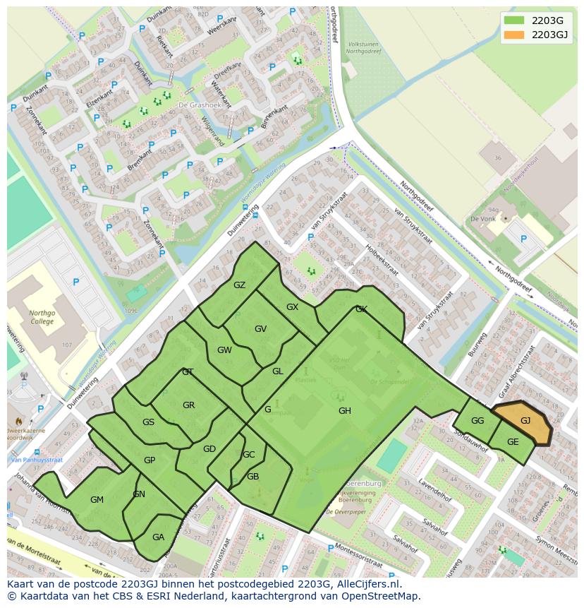 Afbeelding van het postcodegebied 2203 GJ op de kaart.
