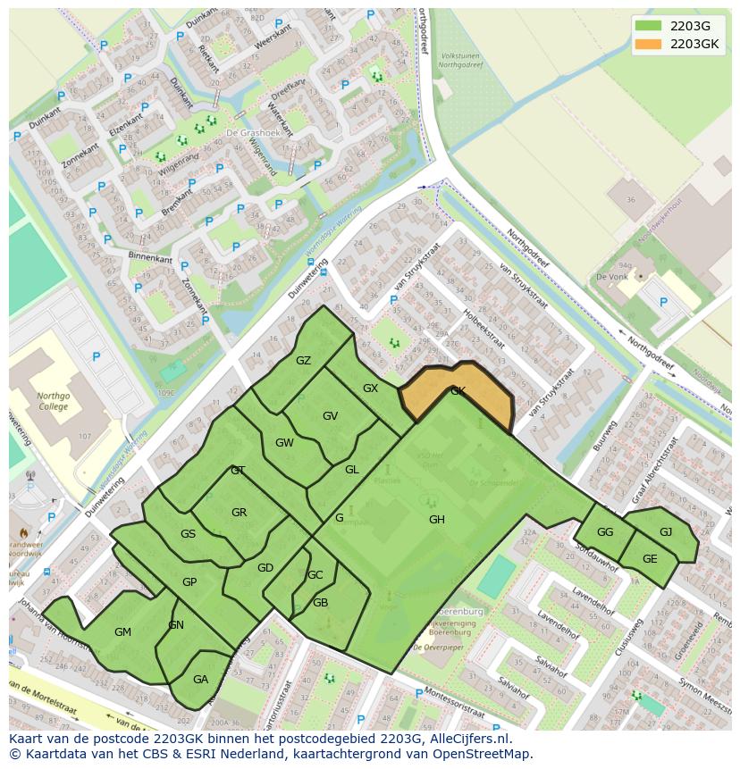 Afbeelding van het postcodegebied 2203 GK op de kaart.