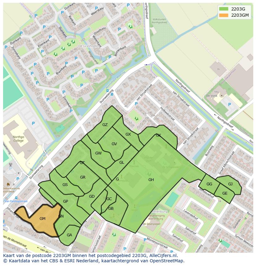 Afbeelding van het postcodegebied 2203 GM op de kaart.