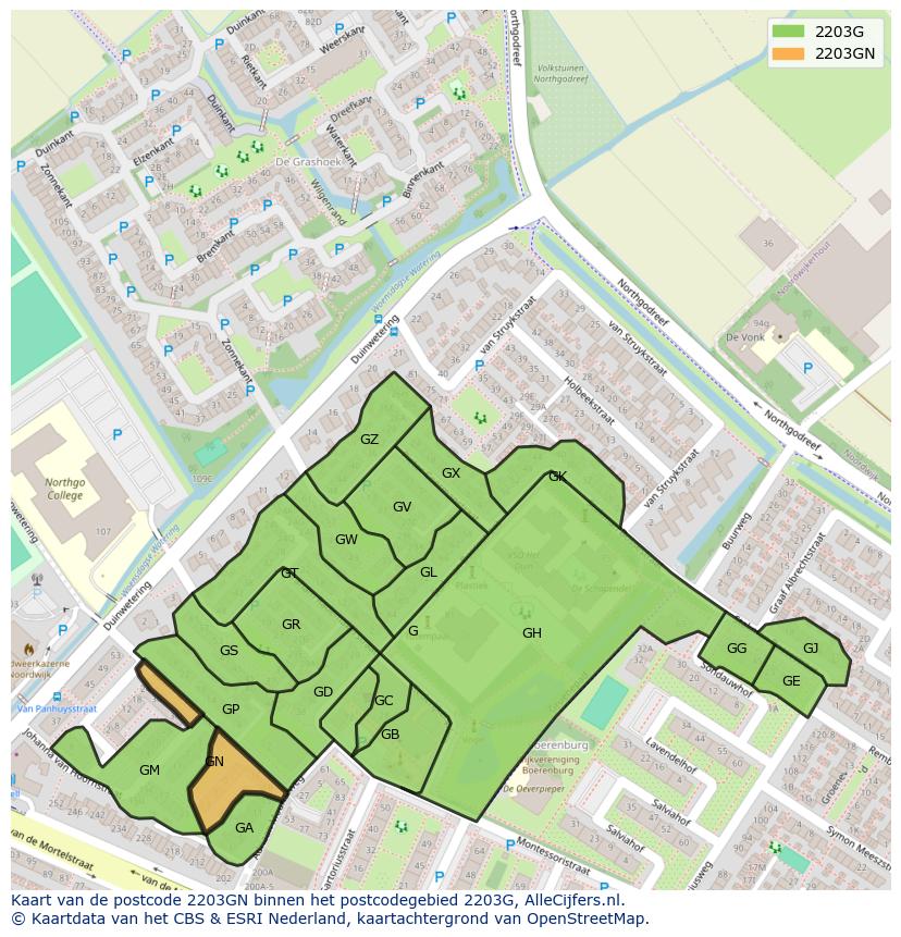 Afbeelding van het postcodegebied 2203 GN op de kaart.