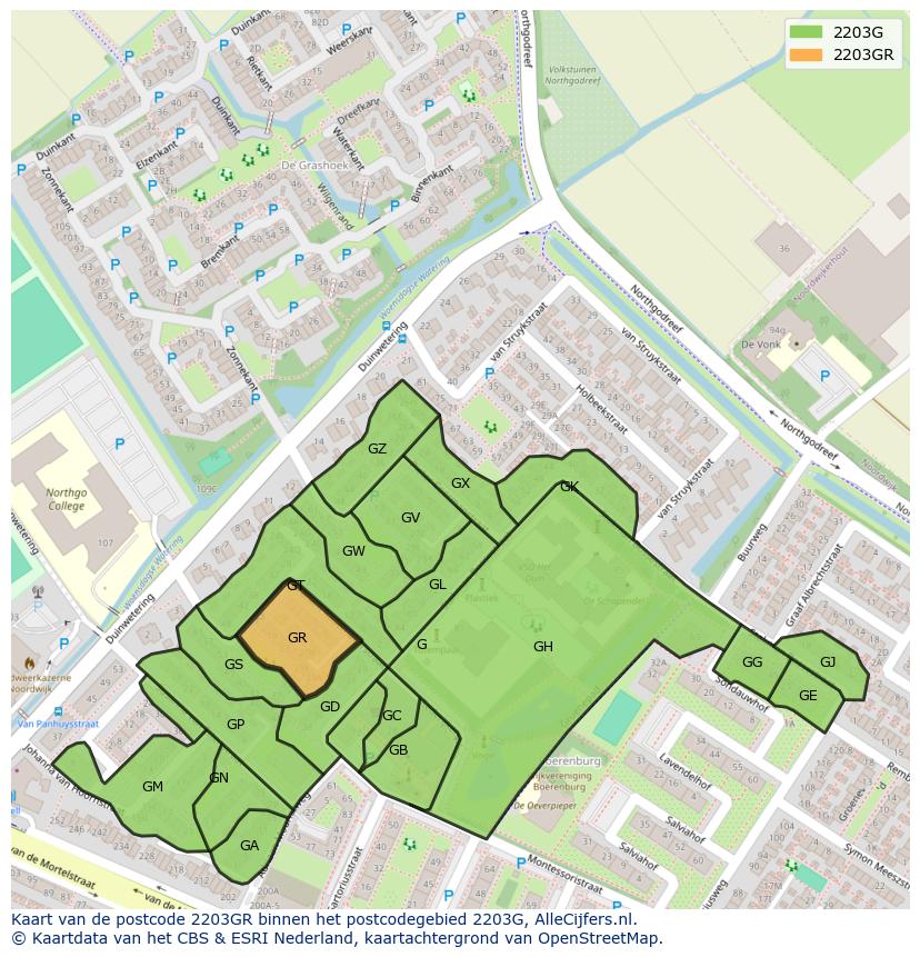 Afbeelding van het postcodegebied 2203 GR op de kaart.