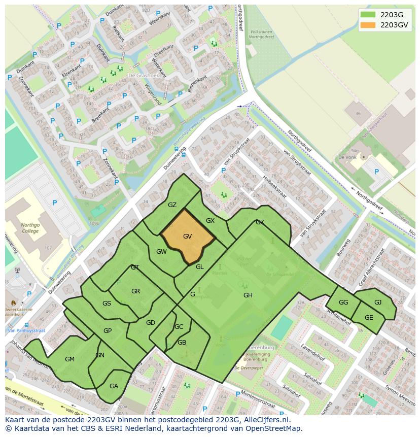 Afbeelding van het postcodegebied 2203 GV op de kaart.
