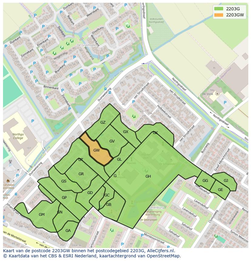Afbeelding van het postcodegebied 2203 GW op de kaart.