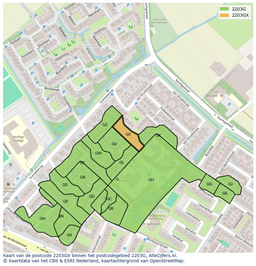 Afbeelding van het postcodegebied 2203 GX op de kaart.
