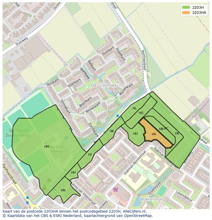 Afbeelding van het postcodegebied 2203 HA op de kaart.