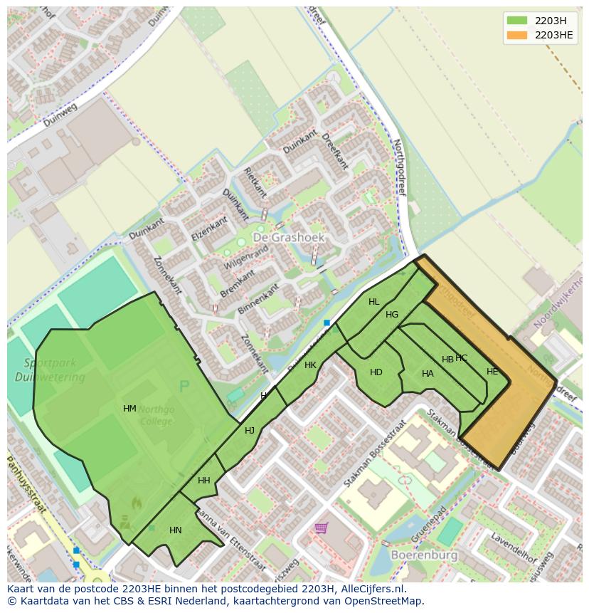 Afbeelding van het postcodegebied 2203 HE op de kaart.