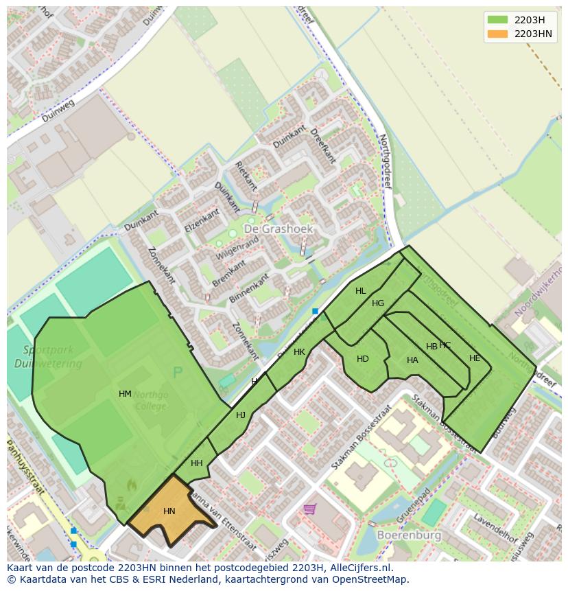 Afbeelding van het postcodegebied 2203 HN op de kaart.
