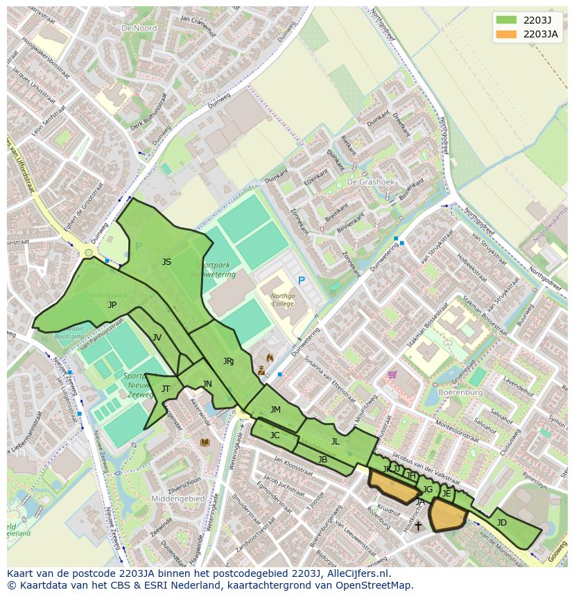 Afbeelding van het postcodegebied 2203 JA op de kaart.