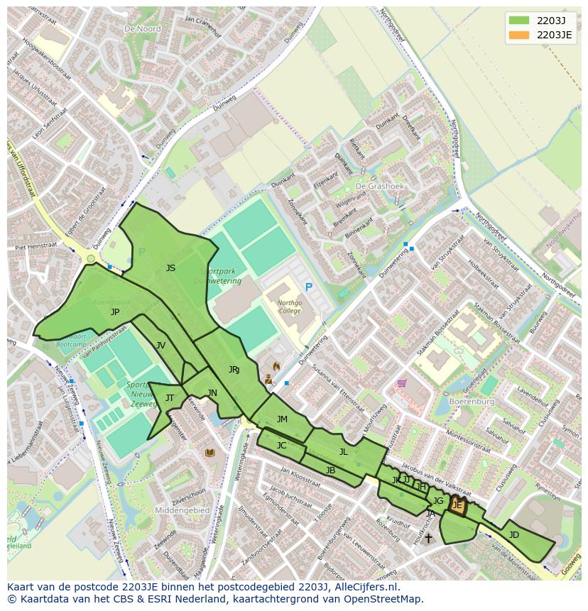 Afbeelding van het postcodegebied 2203 JE op de kaart.