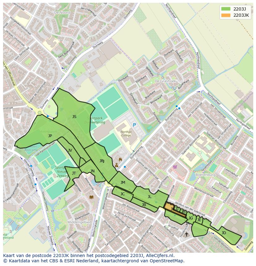 Afbeelding van het postcodegebied 2203 JK op de kaart.