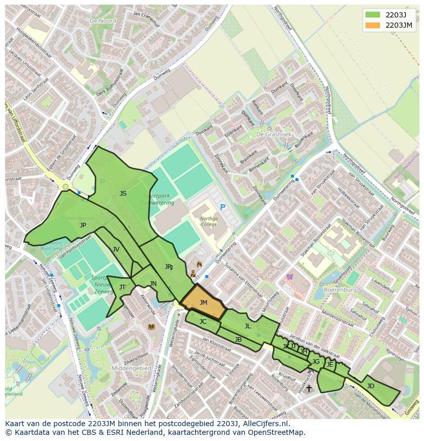 Afbeelding van het postcodegebied 2203 JM op de kaart.