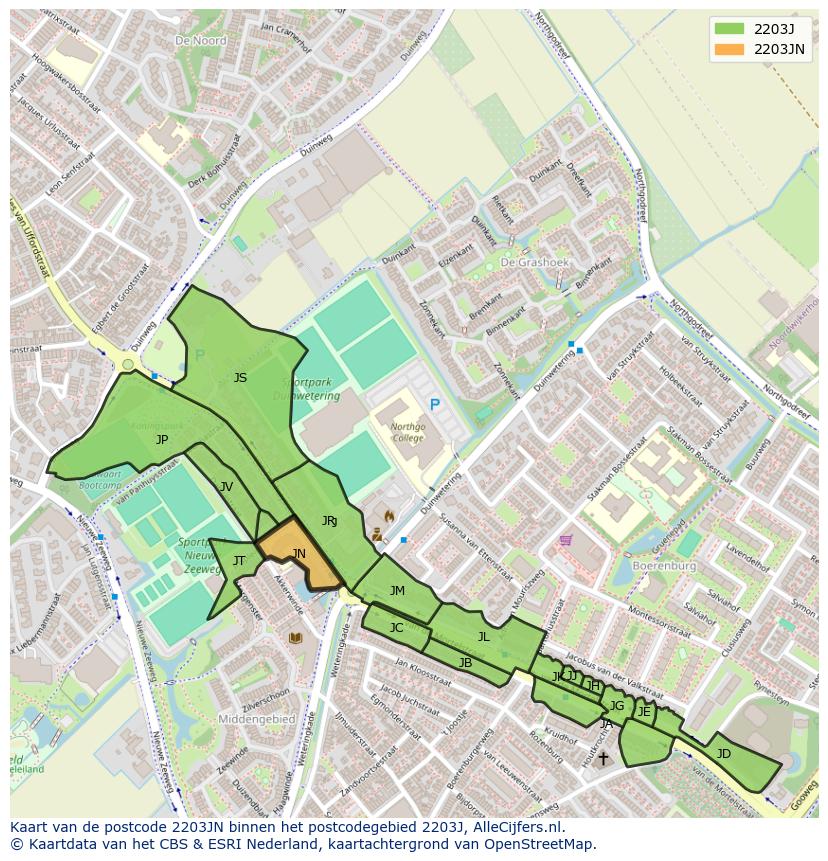 Afbeelding van het postcodegebied 2203 JN op de kaart.