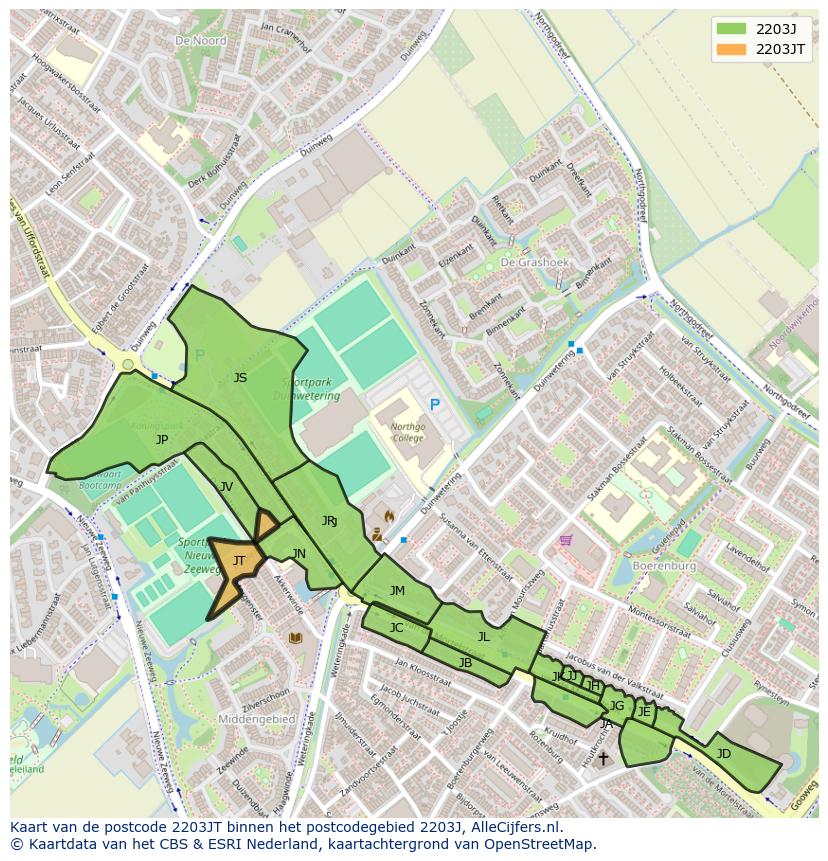 Afbeelding van het postcodegebied 2203 JT op de kaart.