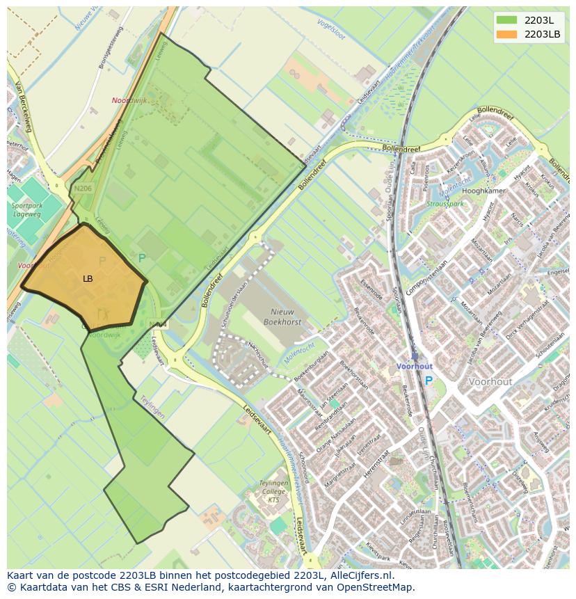 Afbeelding van het postcodegebied 2203 LB op de kaart.