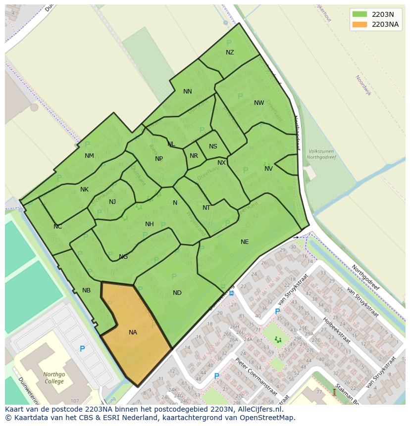 Afbeelding van het postcodegebied 2203 NA op de kaart.