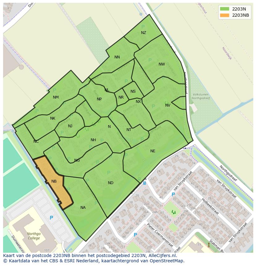 Afbeelding van het postcodegebied 2203 NB op de kaart.