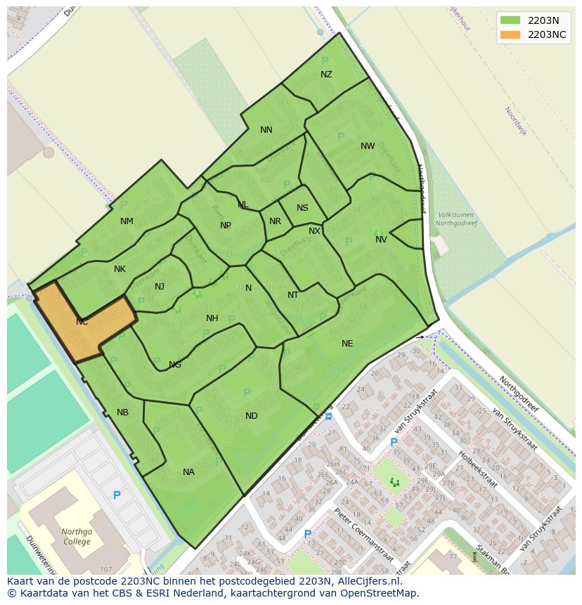 Afbeelding van het postcodegebied 2203 NC op de kaart.