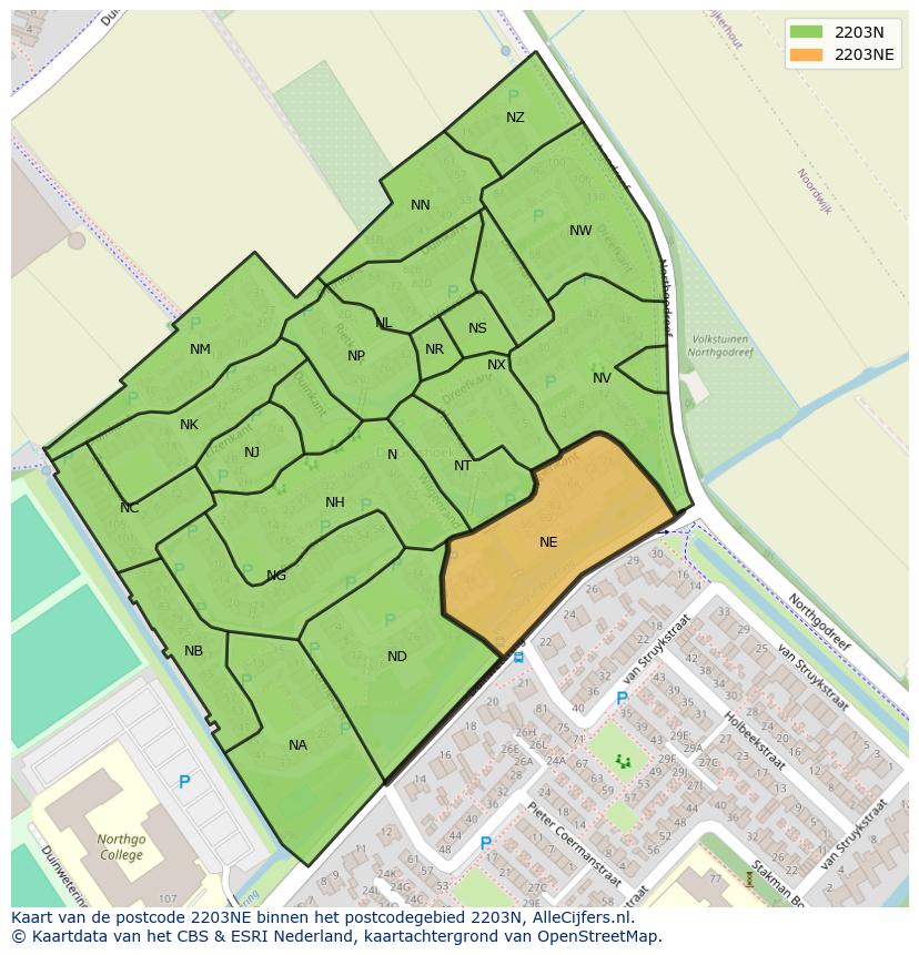 Afbeelding van het postcodegebied 2203 NE op de kaart.