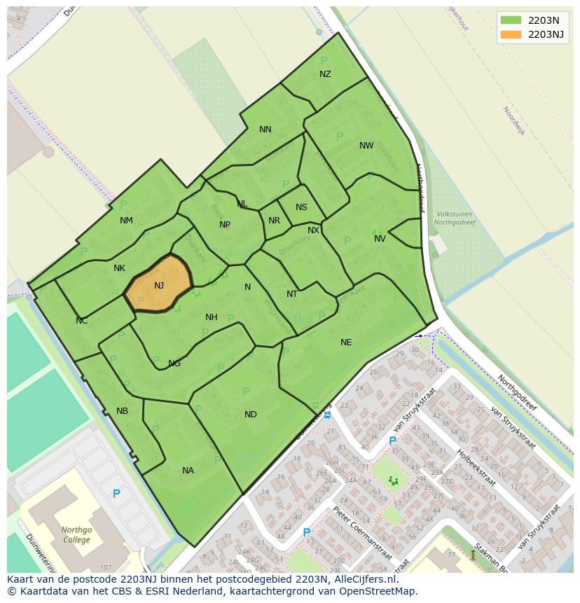 Afbeelding van het postcodegebied 2203 NJ op de kaart.