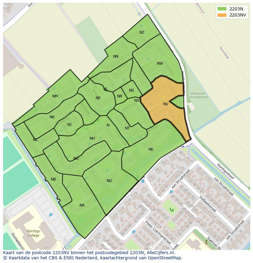 Afbeelding van het postcodegebied 2203 NV op de kaart.