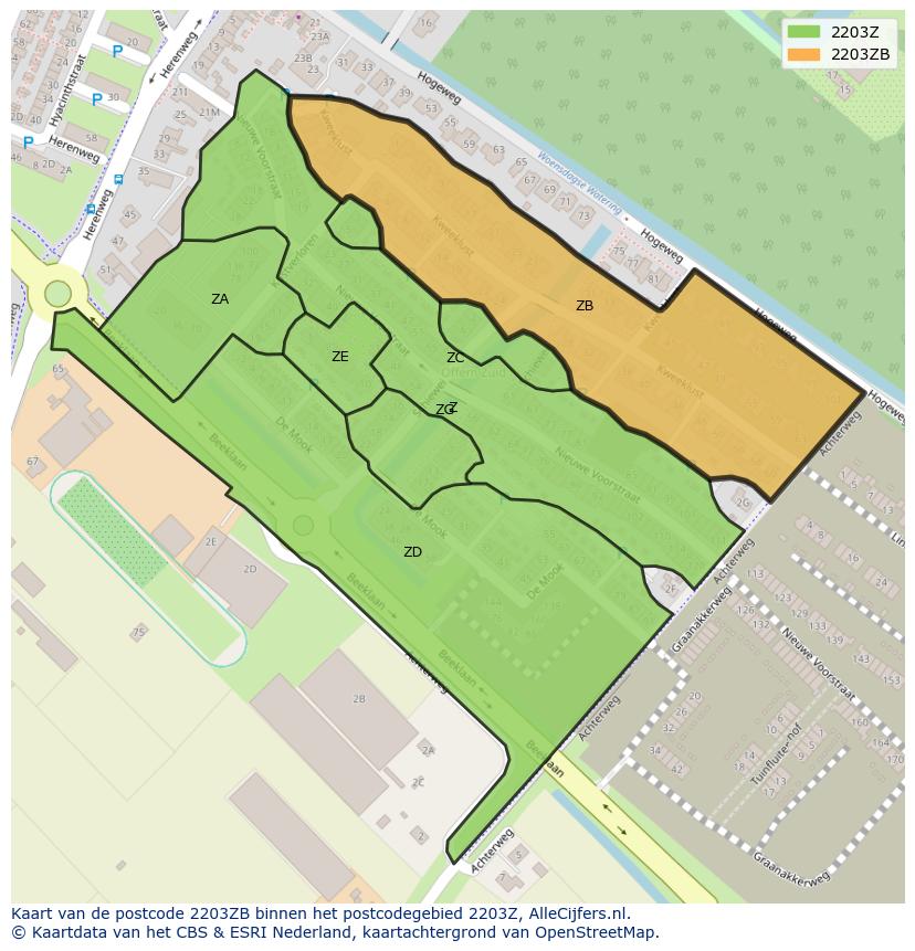 Afbeelding van het postcodegebied 2203 ZB op de kaart.