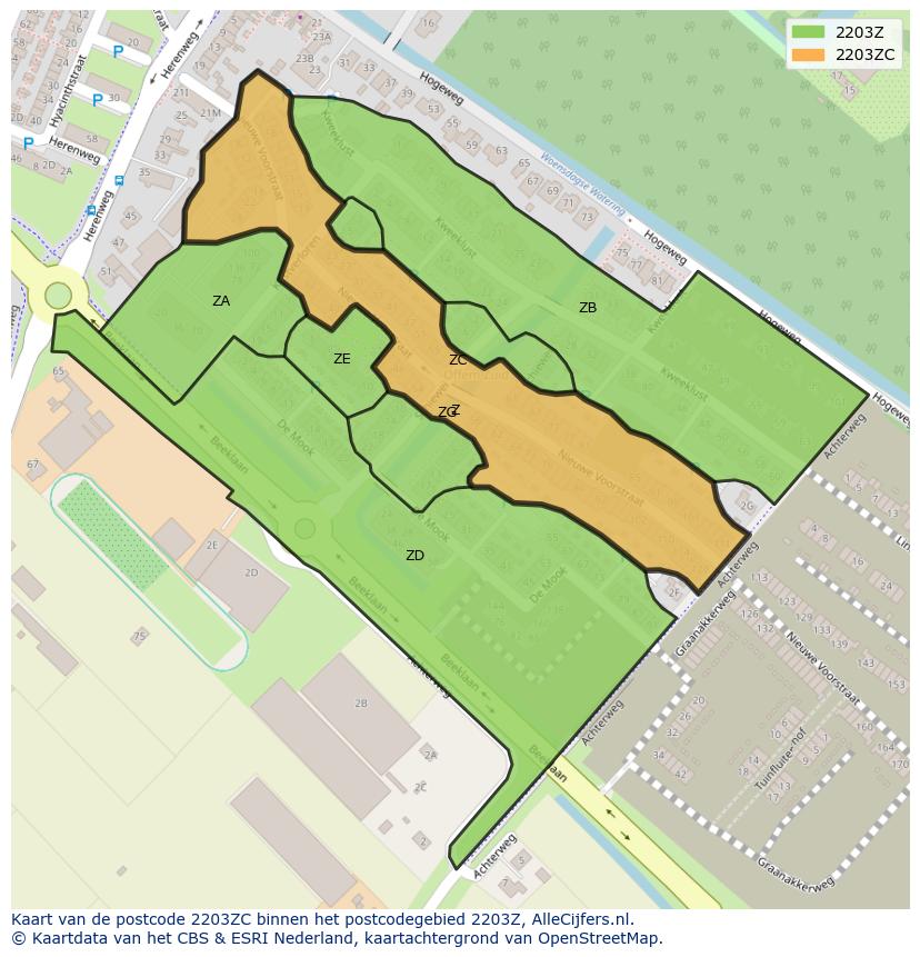 Afbeelding van het postcodegebied 2203 ZC op de kaart.