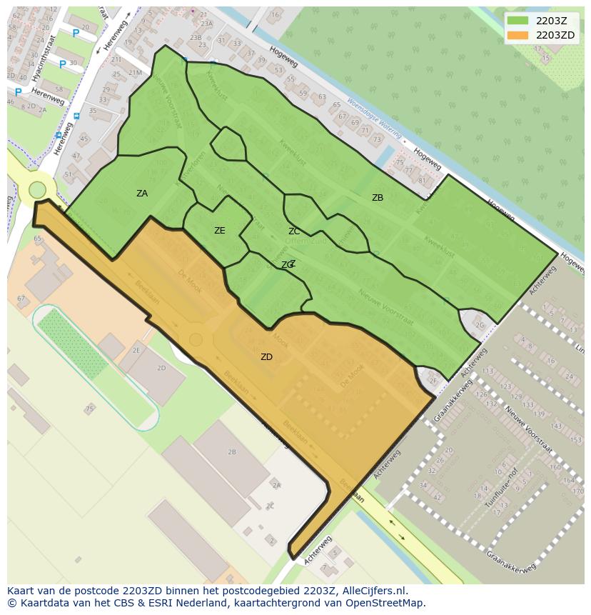 Afbeelding van het postcodegebied 2203 ZD op de kaart.