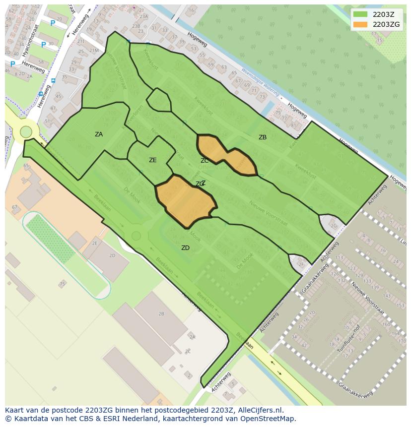 Afbeelding van het postcodegebied 2203 ZG op de kaart.