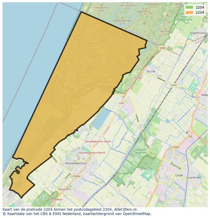 Afbeelding van het postcodegebied 2204 op de kaart.