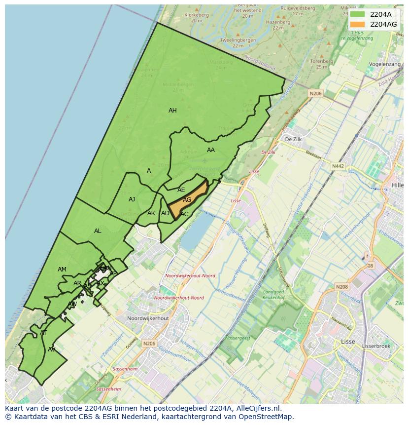 Afbeelding van het postcodegebied 2204 AG op de kaart.